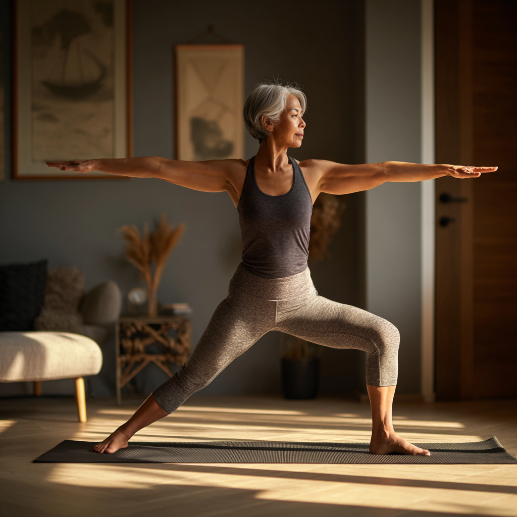 Smiling Uzbek adults of various ages practicing yoga together in a peaceful studio environment, showing joy and wellness