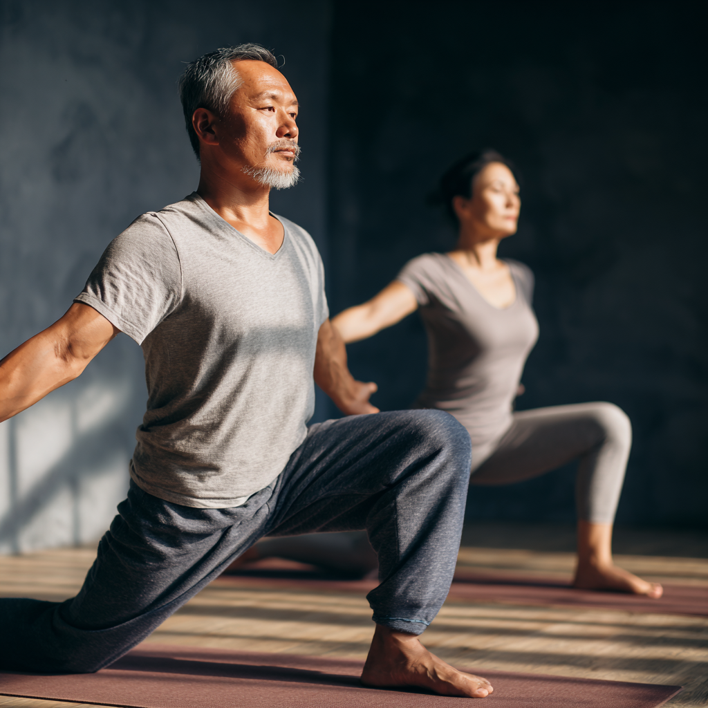 Peaceful Uzbek adults practicing yoga with calm expressions, demonstrating balance and inner strength in natural lighting